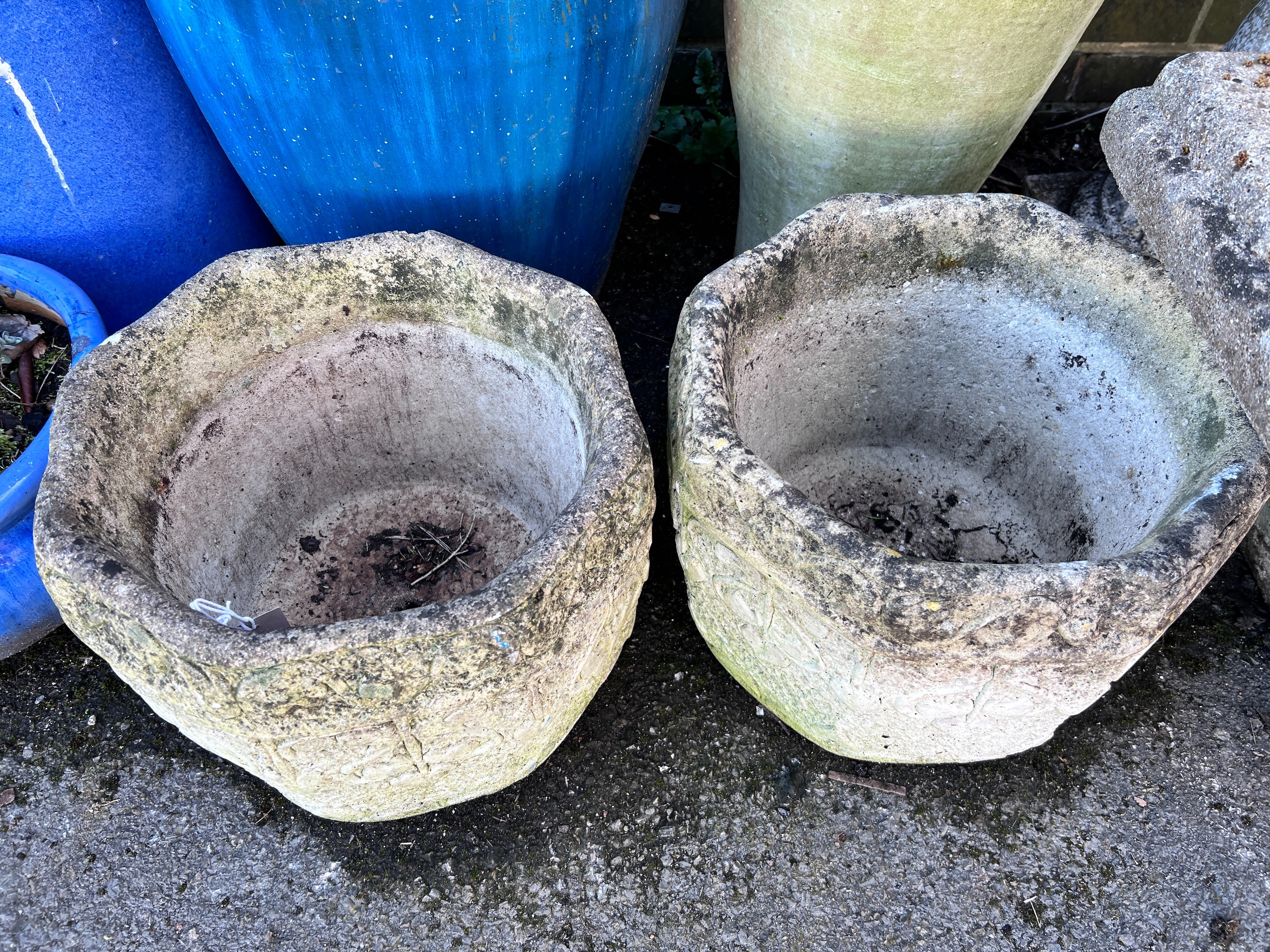 A pair of Cotstone octagonal Art Nouveau style garden planters, width 34cm, height 28cm *Please note the sale commences at 9am.